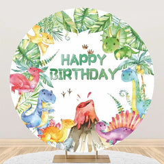 Aperturee - Monstera Colorful Dinosaurs Round Birthday Backdrop