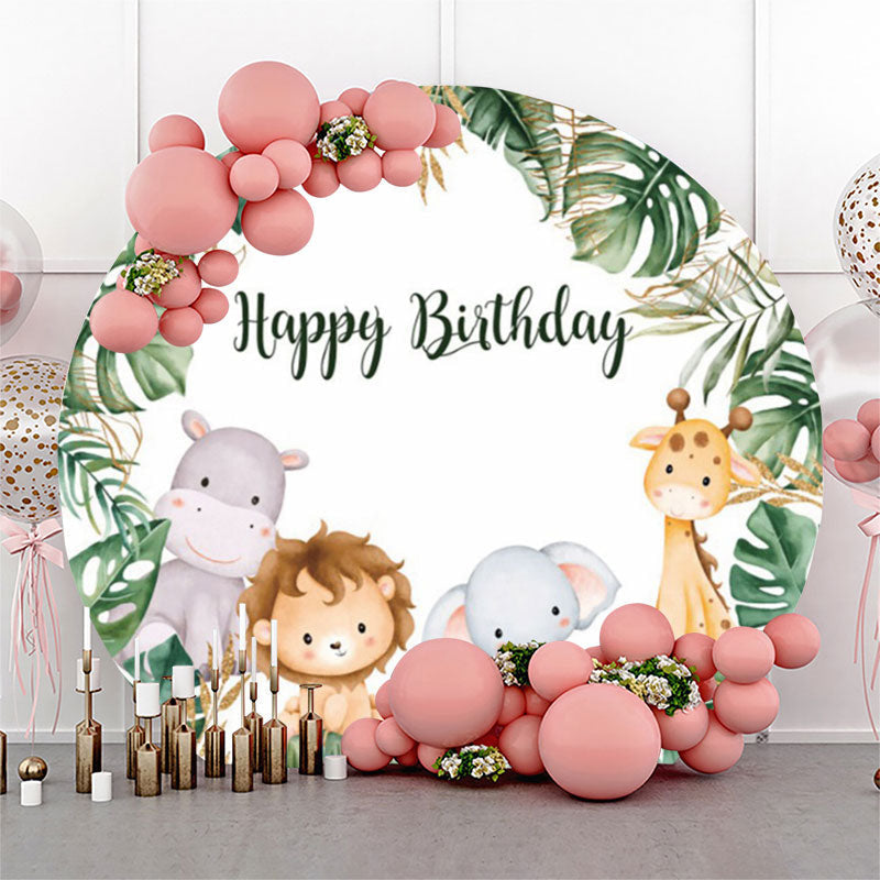 Aperturee Monstera Forest Animals Safari Round Birthday Backdrop