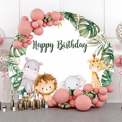 Aperturee Monstera Forest Animals Safari Round Birthday Backdrop