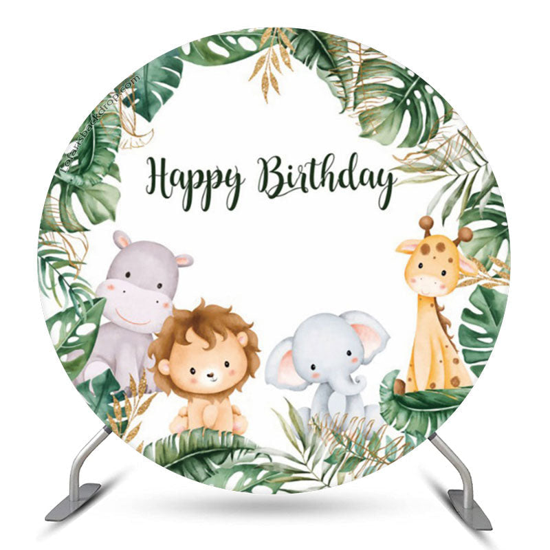 Aperturee Monstera Forest Animals Safari Round Birthday Backdrop