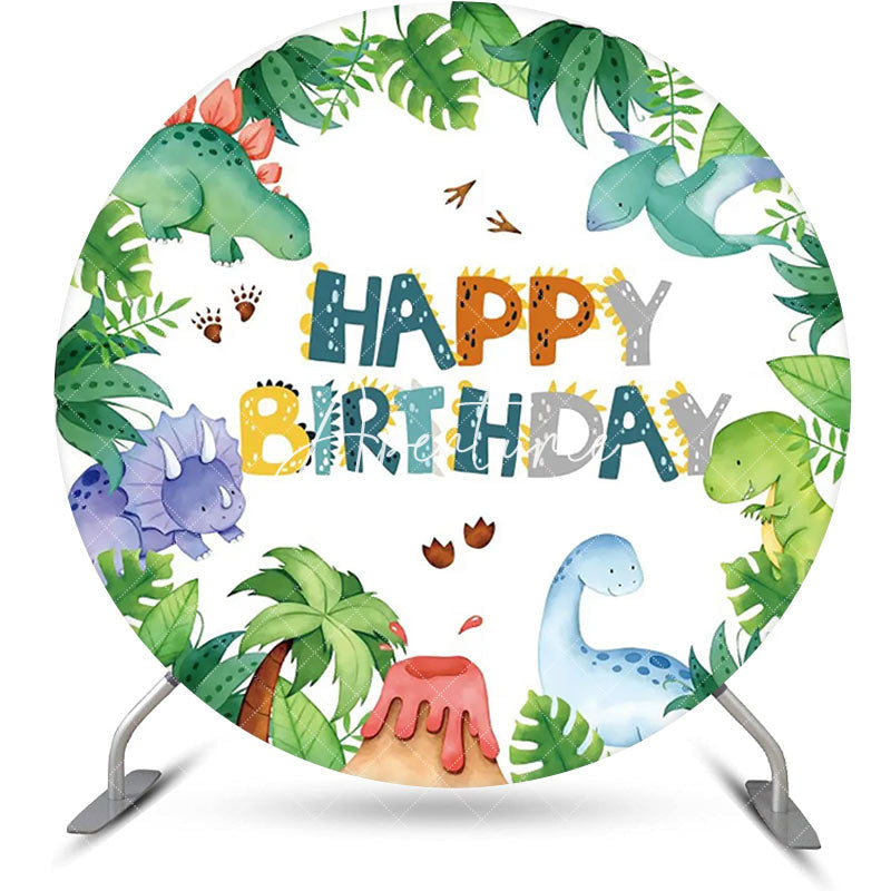 Aperturee - Monstera Leaves Dinosaurs Round Birthday Backdrop