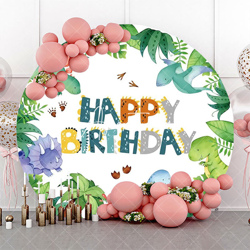 Aperturee - Monstera Leaves Dinosaurs Round Birthday Backdrop