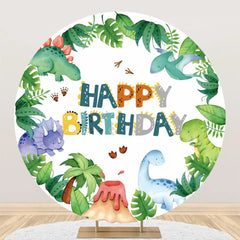 Aperturee - Monstera Leaves Dinosaurs Round Birthday Backdrop