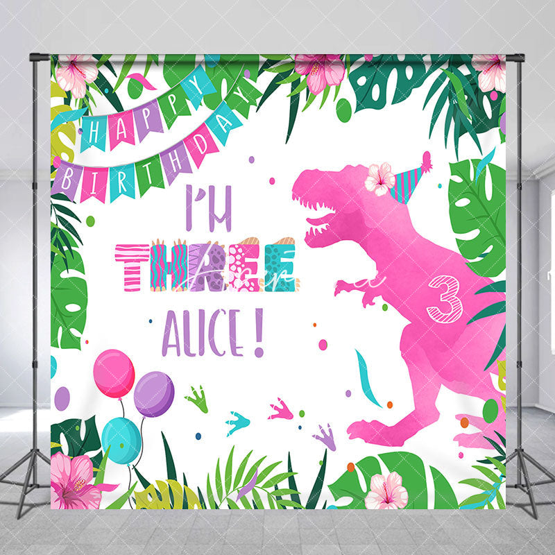 Aperturee - Monstera Pink Dinosaur Custom Name Birthday Backdrop