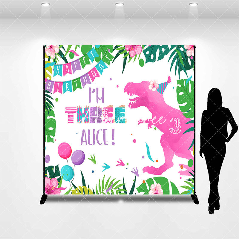 Aperturee - Monstera Pink Dinosaur Custom Name Birthday Backdrop