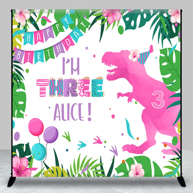 Aperturee - Monstera Pink Dinosaur Custom Name Birthday Backdrop