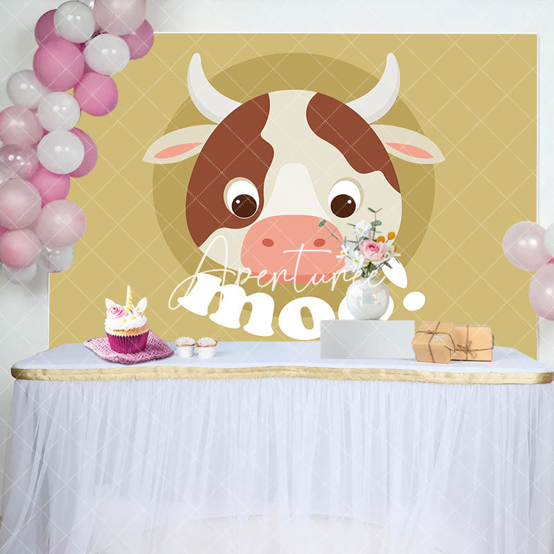 Aperturee - Moo Lovely Cow Simple Brown Happy Birthday Backdrop