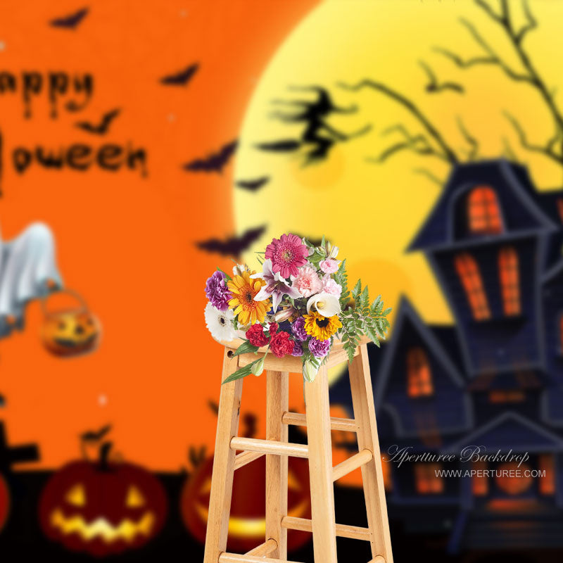 Aperturee - Moon Black Castle Orange Pumpkin Halloween Backdrop