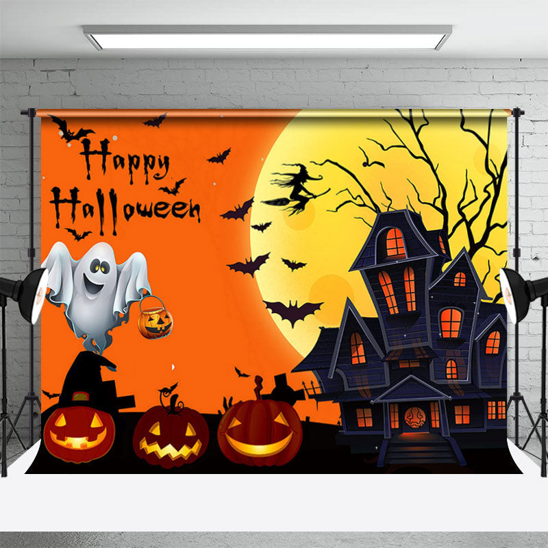 Aperturee - Moon Black Castle Orange Pumpkin Halloween Backdrop