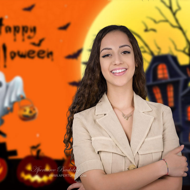 Aperturee - Moon Black Castle Orange Pumpkin Halloween Backdrop