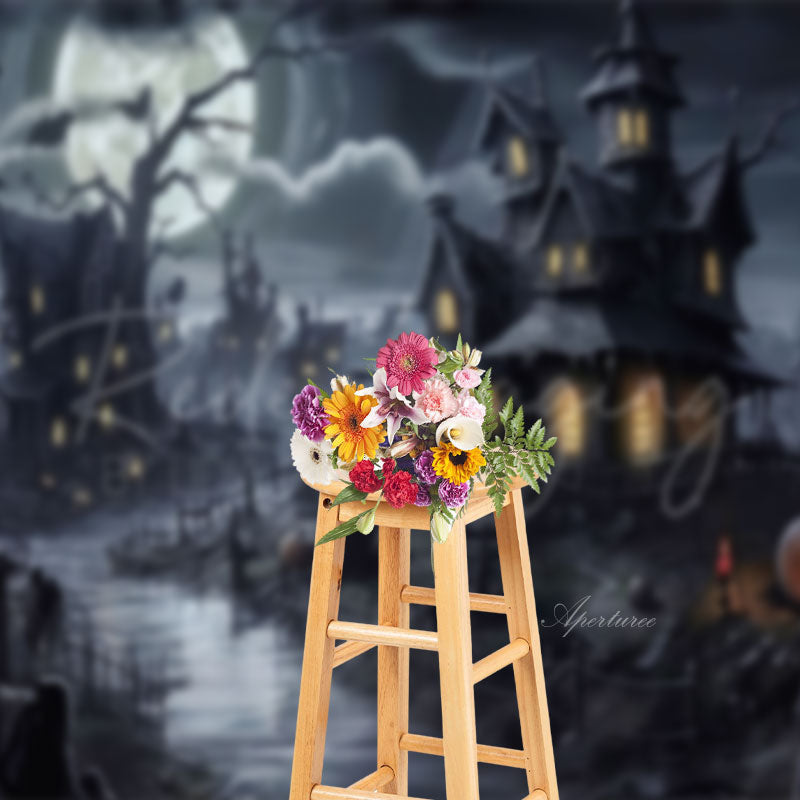 Aperturee - Moon Black Haunted House Halloween Portrait Backdrop