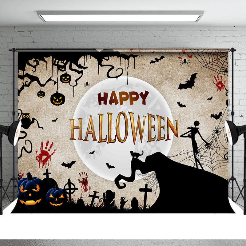 Aperturee - Moon Black Pumpkin Bat Happy Halloween Backdrop