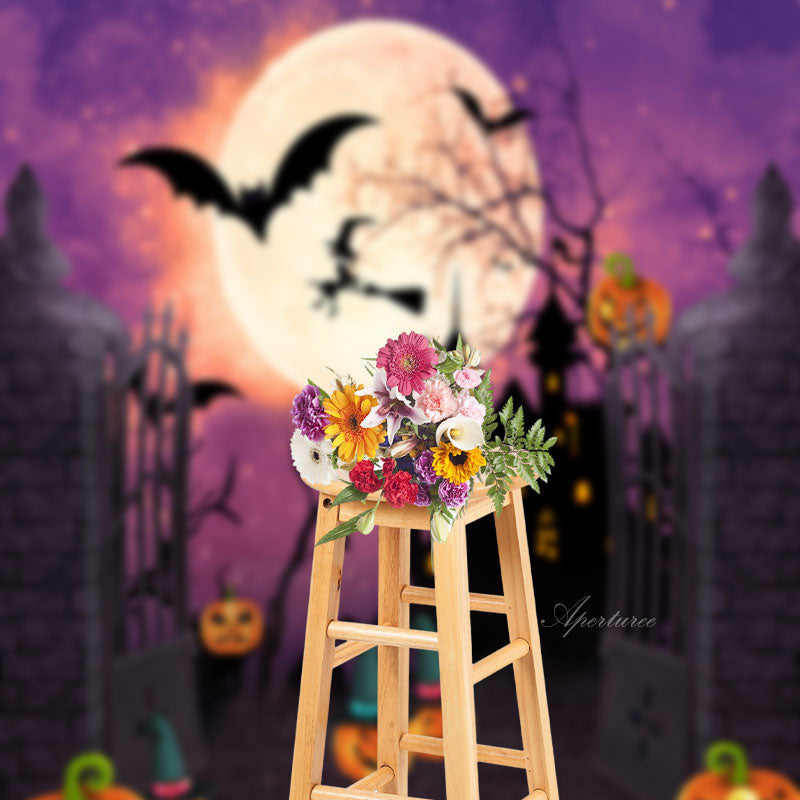 Aperturee - Moon Castle Pumpkin Halloween Photo Sweep Backdrop