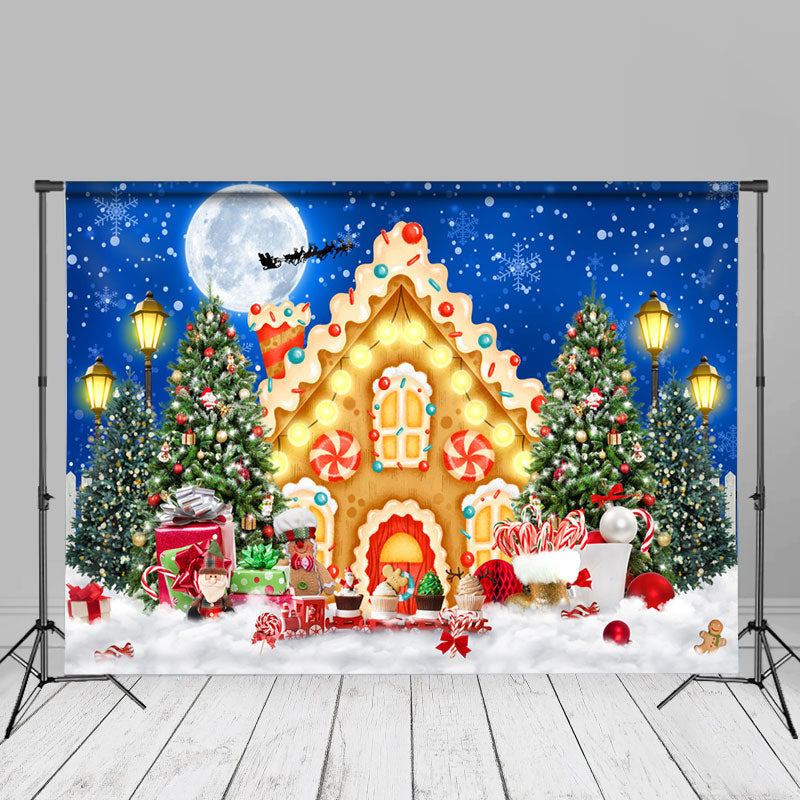 Aperturee - Moon Christmas Night Tree Candy House Cloud Backdrop