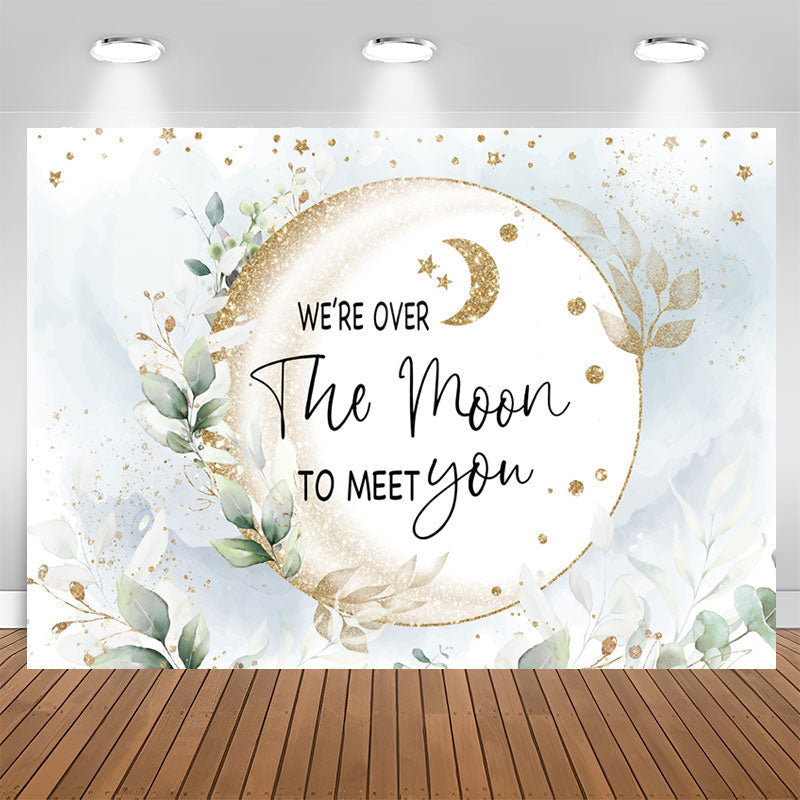 Aperturee - Moon Gold Glitter Leaves Boho Baby Shower Backdrop