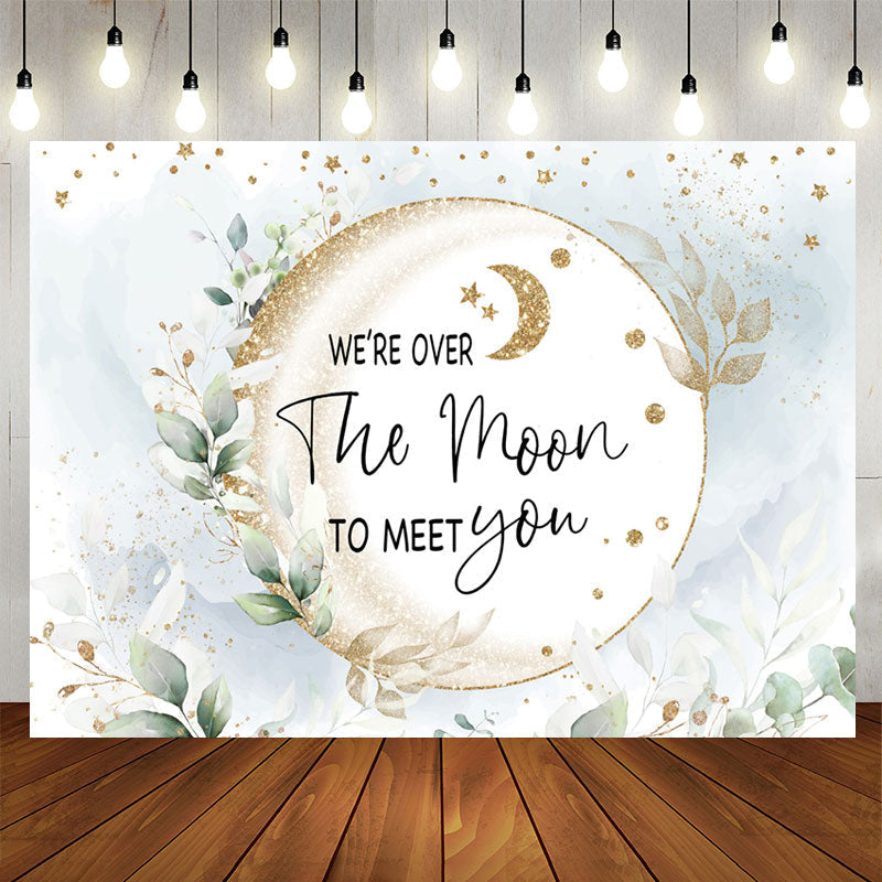 Aperturee - Moon Gold Glitter Leaves Boho Baby Shower Backdrop