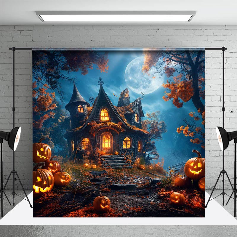 Aperturee - Moon Night Castle Trees Pumpkins Halloween Backdrop