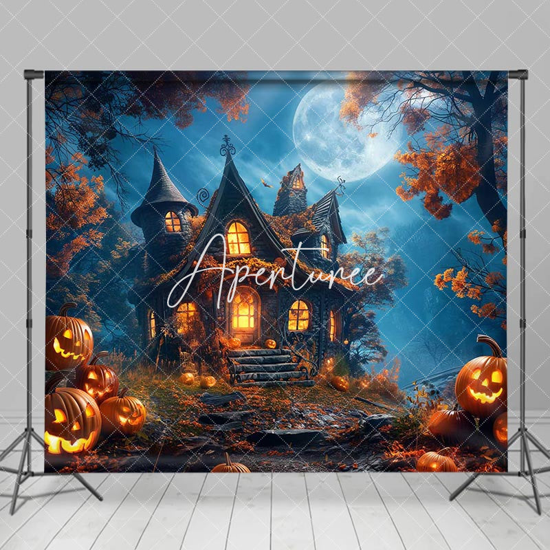 Aperturee - Moon Night Castle Trees Pumpkins Halloween Backdrop