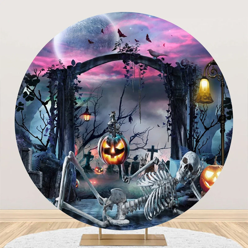 Aperturee - Moon Night Skeleton Pumpkin Round Halloween Backdrop