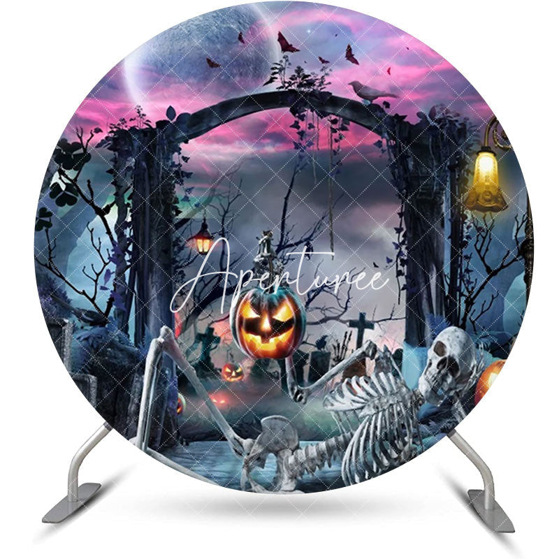 Aperturee - Moon Night Skeleton Pumpkin Round Halloween Backdrop