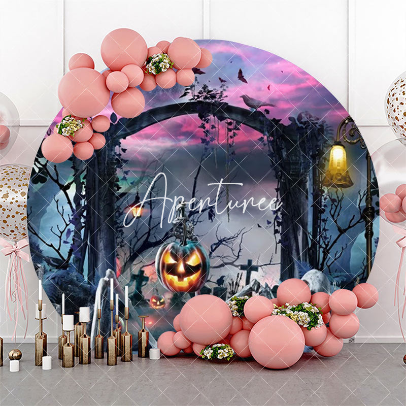 Aperturee - Moon Night Skeleton Pumpkin Round Halloween Backdrop