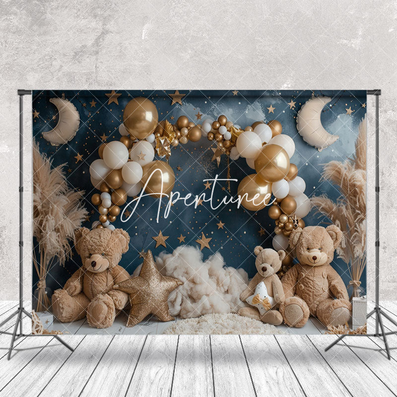 Aperturee - Moon Night Stars Balloons Bear Cake Smash Backdrop