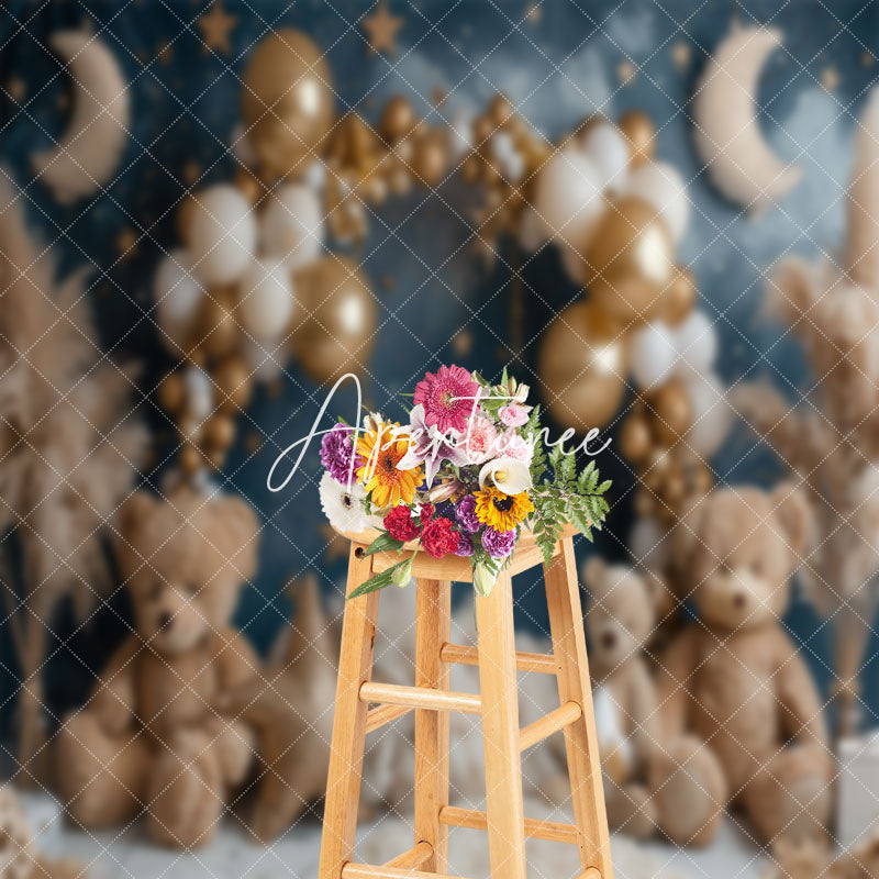 Aperturee - Moon Night Stars Balloons Bear Cake Smash Backdrop