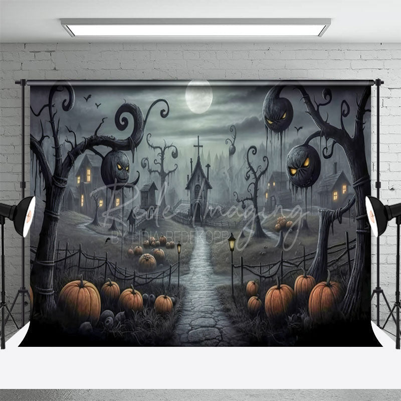 Aperturee - Moon Pumpkin Haunted House Halloween Photo Backdrop