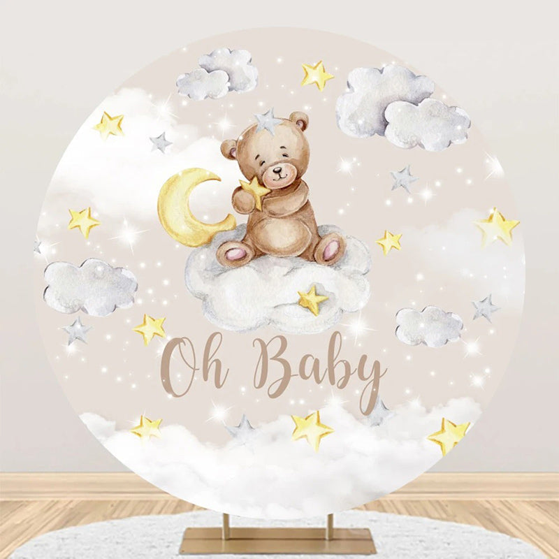 Aperturee - Moon Stars Clouds Bear Round Baby Shower Backdrop