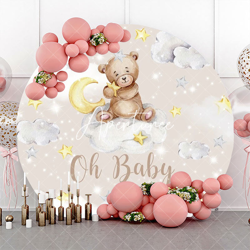 Aperturee - Moon Stars Clouds Bear Round Baby Shower Backdrop