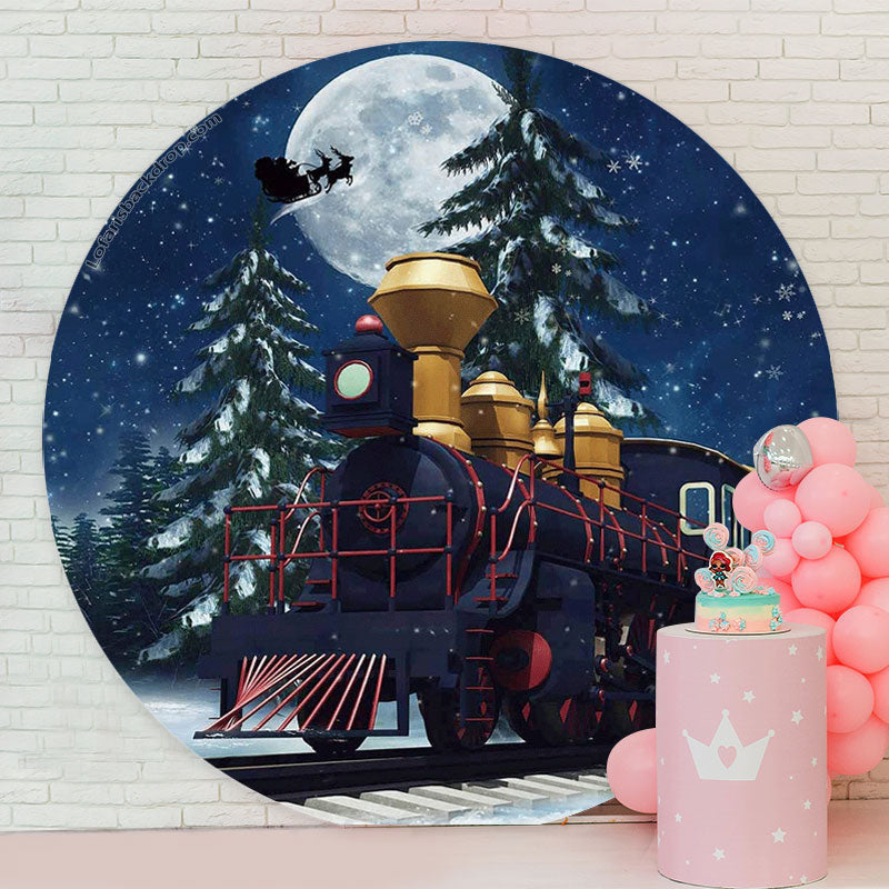 Aperturee - Moon Train Pine Tree Christmas Night Round Backdrop