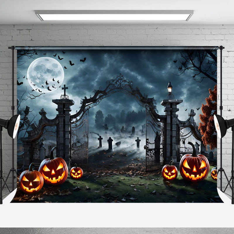 Aperturee - Moonlight Manor Tomb Pumpkin Horror Happy Halloween Backdrop