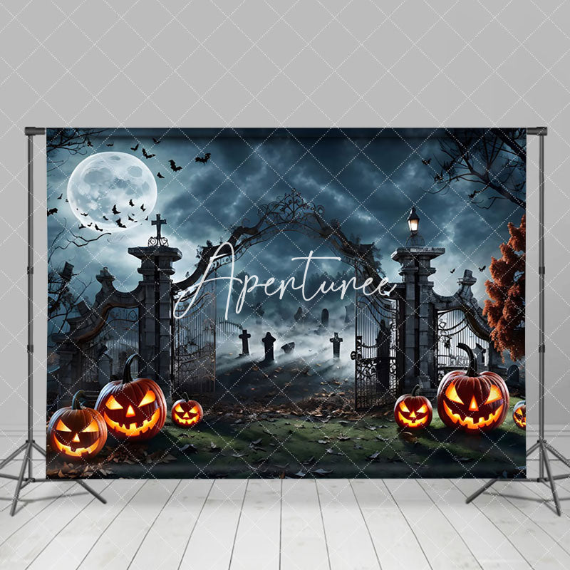 Aperturee - Moonlight Manor Tomb Pumpkin Horror Happy Halloween Backdrop