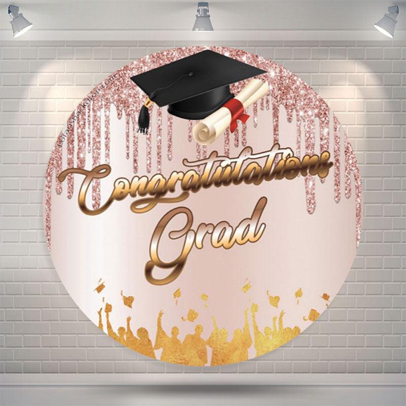 Aperturee Mortarboard Pink Glitter Round Congrats Grad Backdrop