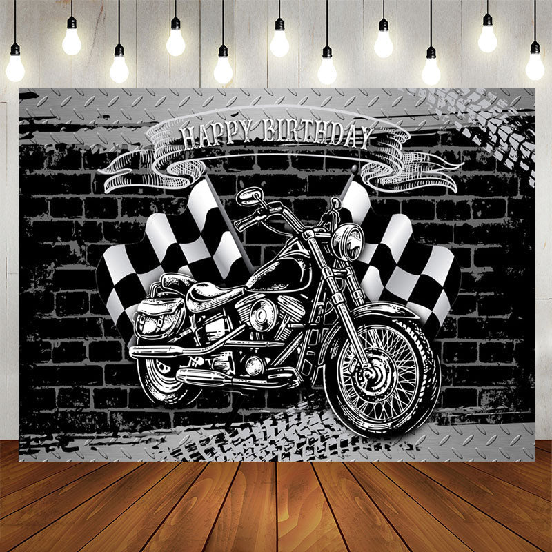 Aperturee - Motorcycle With Flags Happy Birthday Backdrop For Boy