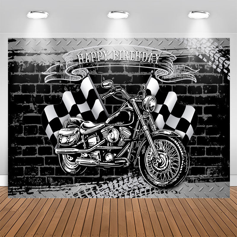 Aperturee - Motorcycle With Flags Happy Birthday Backdrop For Boy