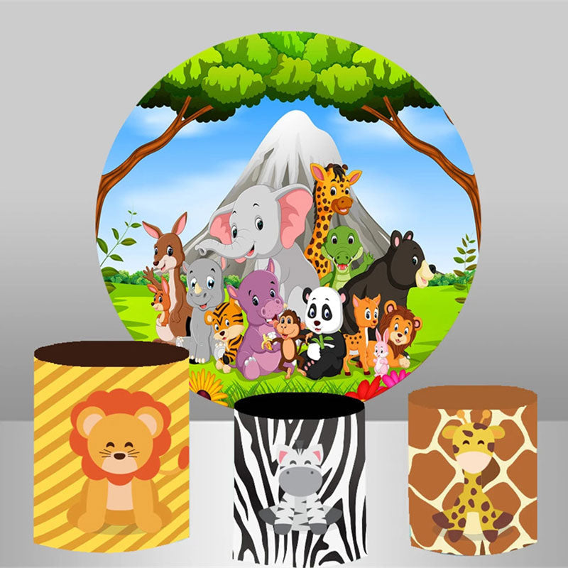 Aperturee Mountain Forest Birthday Round Animal Backdrop Kit