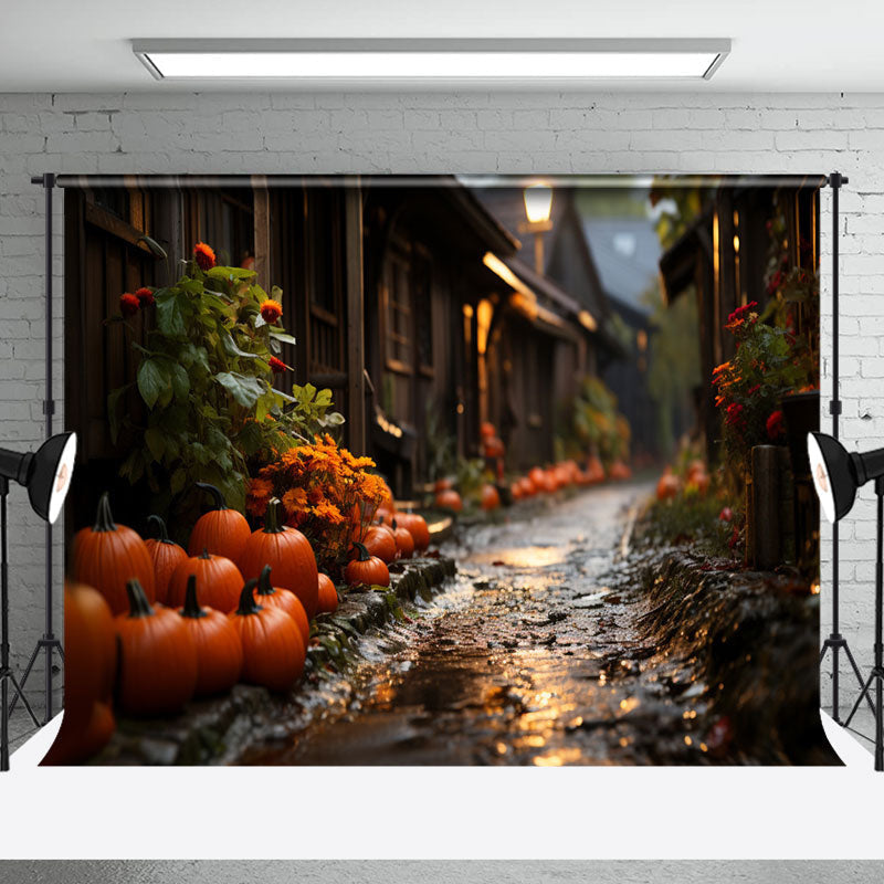 Aperturee - Muddy Path Leaf Pumpkins Bokeh Autumn Photo Backdrop