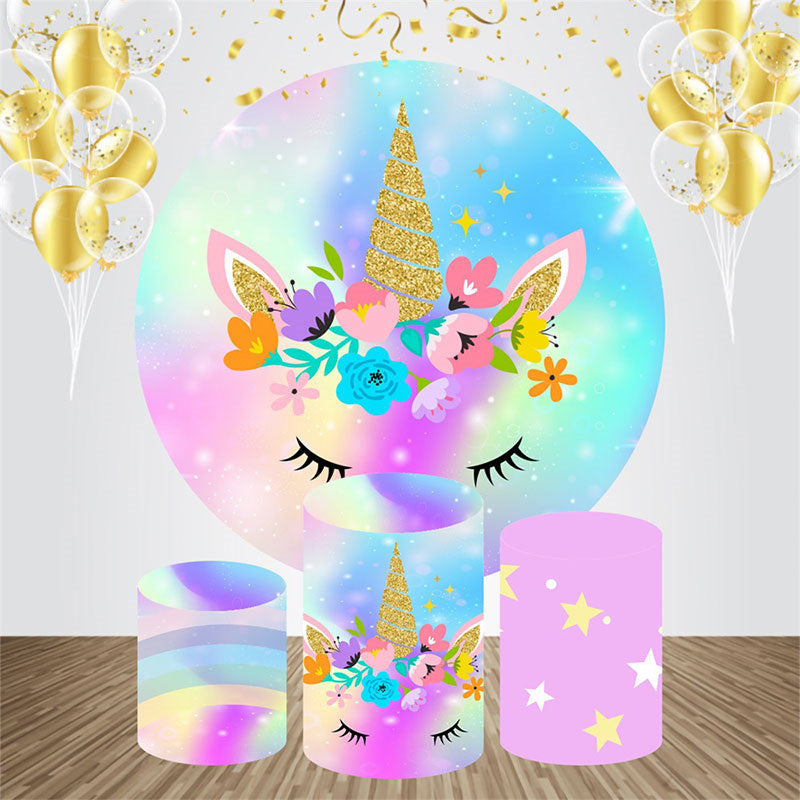 Aperturee - Multicolor Floral Unicorn Stars Round Backdrop Kit