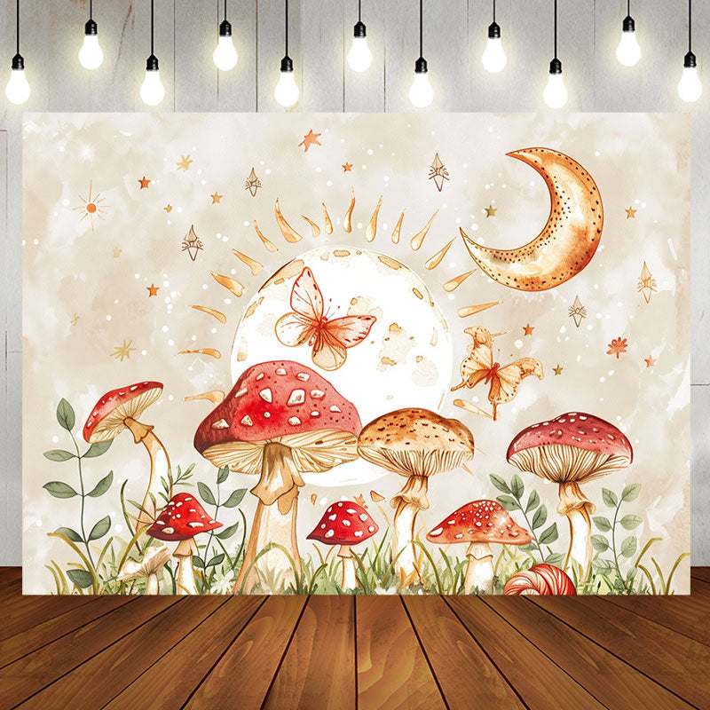 Aperturee - Mushroom Moon Leaf Butterfly Night Birthday Backdrop