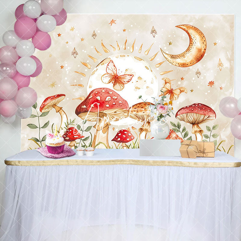 Aperturee - Mushroom Moon Leaf Butterfly Night Birthday Backdrop