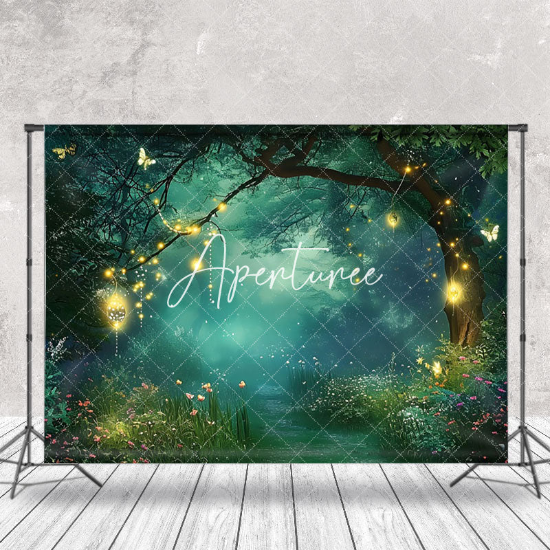 Aperturee - Mysterious Floral Foggy Night Forest Photo Backdrop