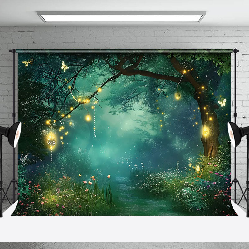 Aperturee - Mysterious Floral Foggy Night Forest Photo Backdrop