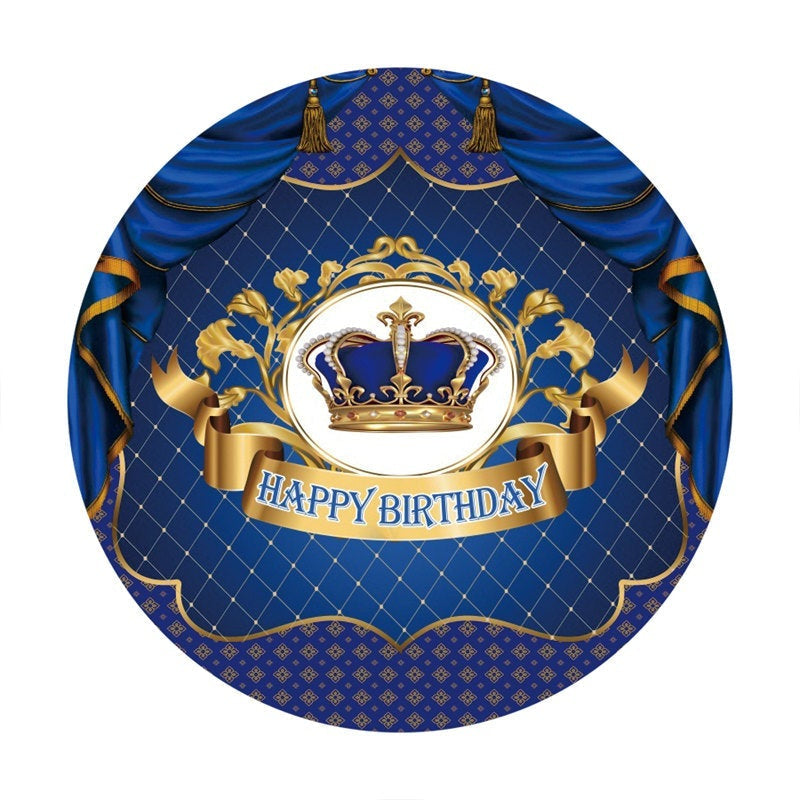 Aperturee Navy And Gold Crown Circle Happy Birthday Backdrop