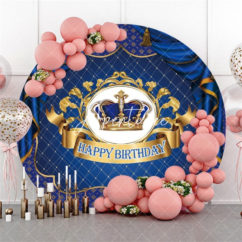 Aperturee Navy And Gold Crown Circle Happy Birthday Backdrop