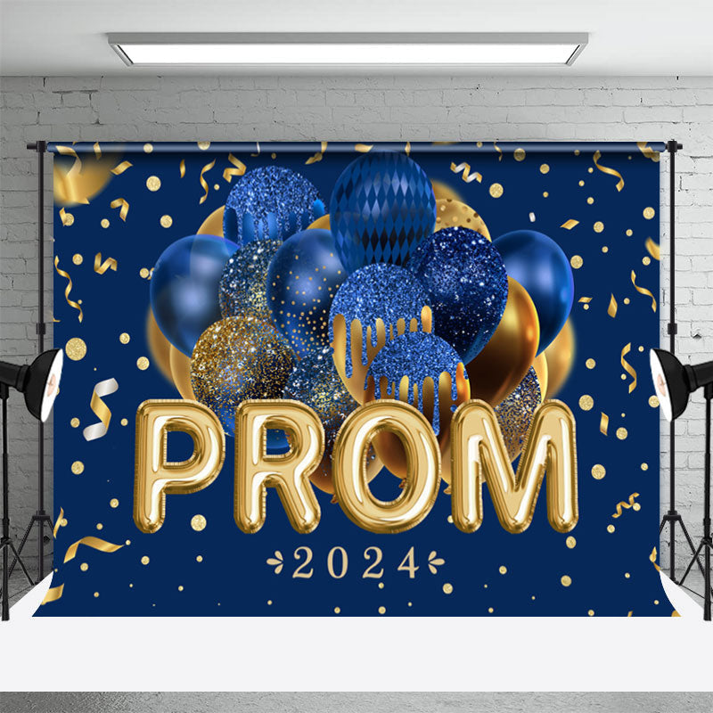 Aperturee - Navy Blue Balloons Gold Ribbons Prom Party Backdrop