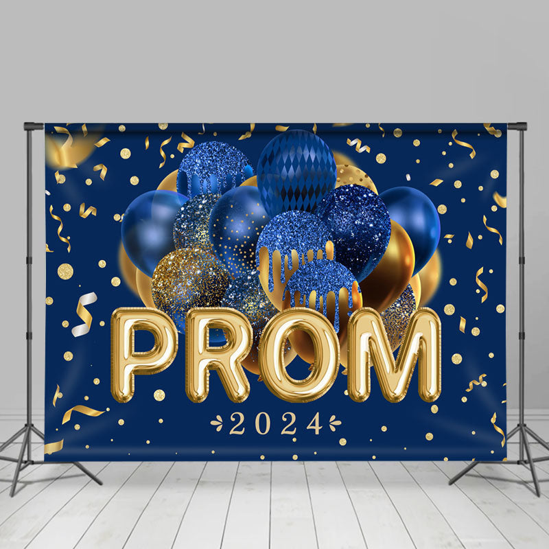 Aperturee - Navy Blue Balloons Gold Ribbons Prom Party Backdrop