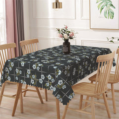 Aperturee - Navy Blue Flowers Checkered Rectangle Tablecloth