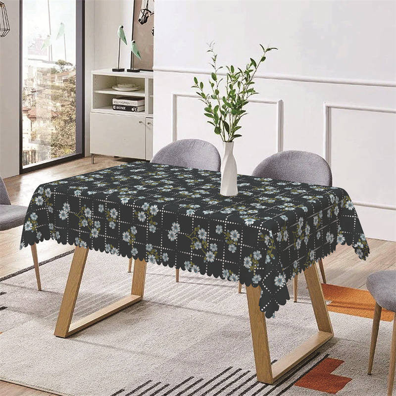 Aperturee - Navy Blue Flowers Checkered Rectangle Tablecloth