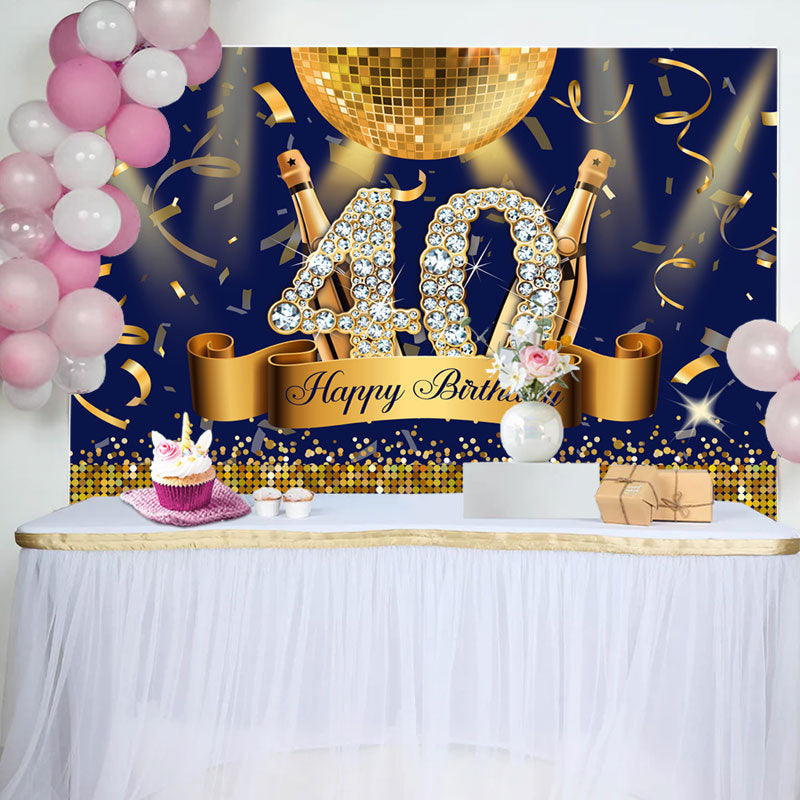 Aperturee - Navy Blue Gold Party Light Ball 40 Birthday Backdrop